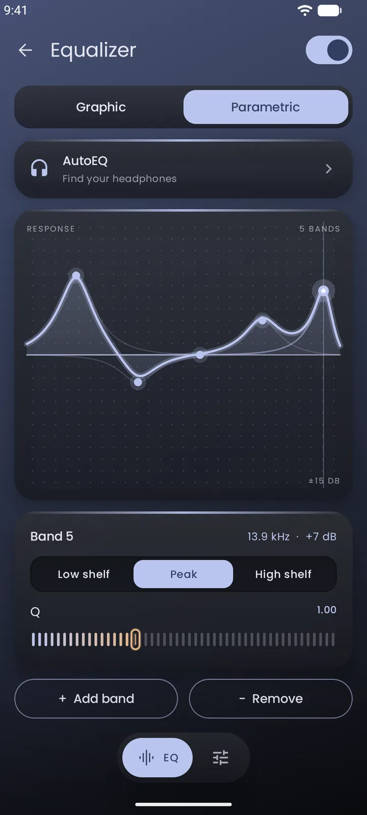 The parametric equalizer, with draggable bands and a live frequency-response curve
