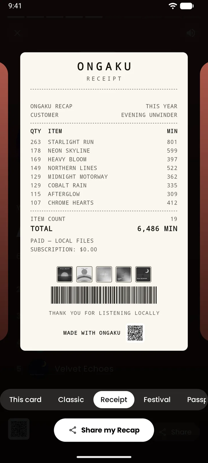 A Recap card styled as a till receipt of top tracks