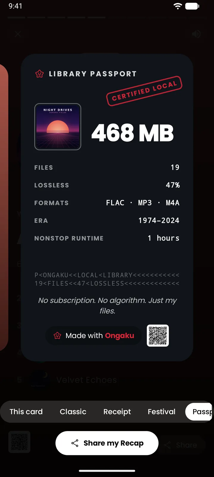 A Recap card styled as a library passport