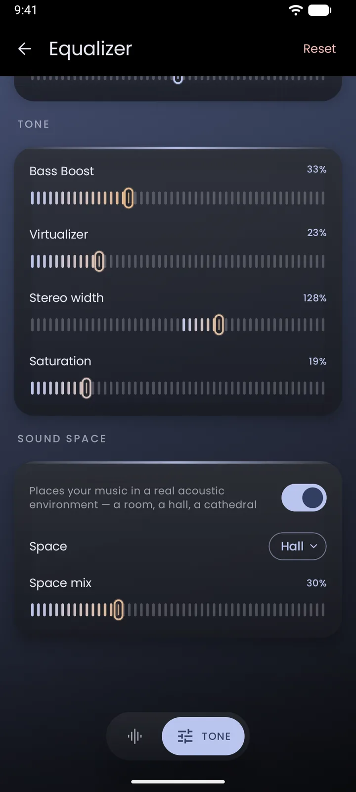 Tone and sound space controls